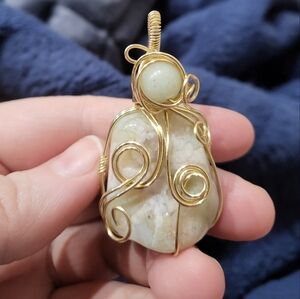 Green Flower Agate w/ Aventurine Freeform Wire Wrap Crystal Pendant